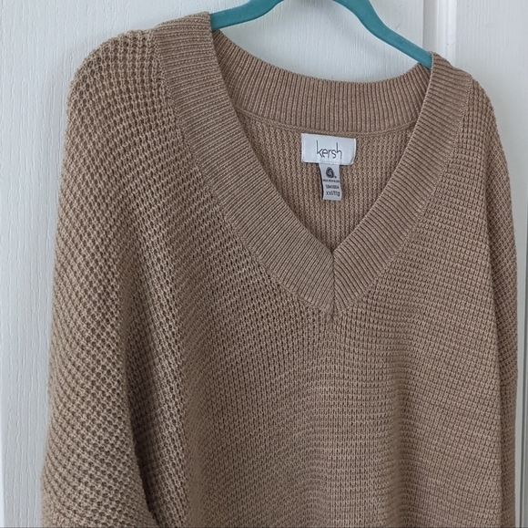 Kersh Merino Blend V-Neck waffle knit Sweater in tan camel toneb XXL @T1 - Picture 4 of 10